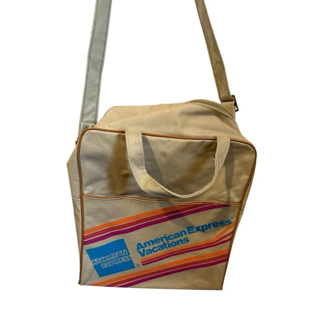 Vintage American Express Travel Agent Carry On Luggage Airline Bag 70's Tan